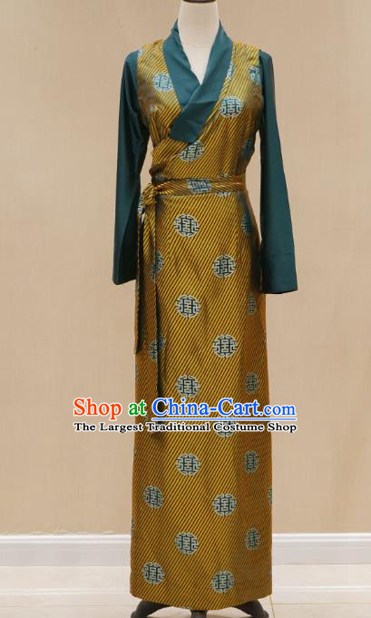 China Zang Nationality Golden Brocade Bola Dress Clothing Tibetan Ethnic Woman Stage Performance Costume