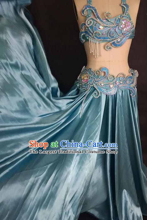 Asian Oriental Dance Competition Bra and Skirt Clothing Indian Traditional Belly Dance Sexy Blue Outfits