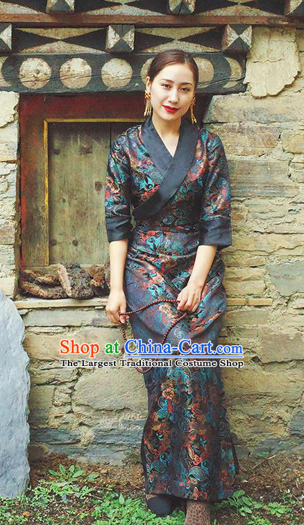 China Zang Nationality Navy Brocade Bola Dress Clothing Tibetan Ethnic Woman Costume