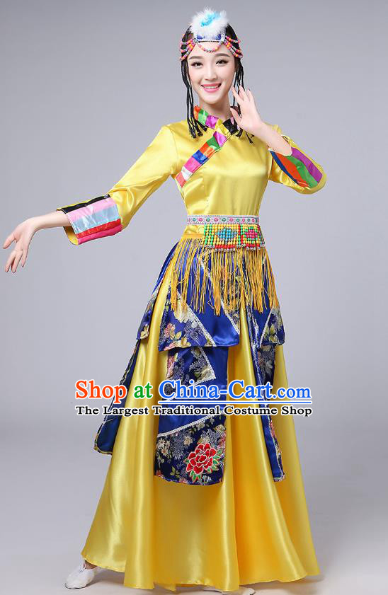 Chinese Zang Nationality Female Dance Clothing Traditional Xizang Tibetan Ethnic Stage Performance Yellow Dress