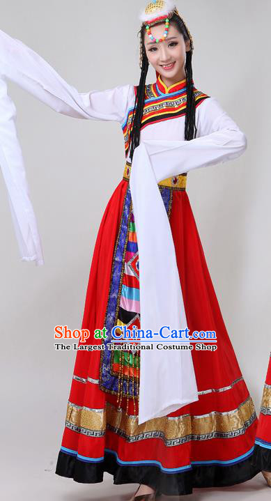 Chinese Traditional Zang Nationality Water Sleeve Dance Clothing Xizang Tibetan Ethnic Folk Dance Red Dress