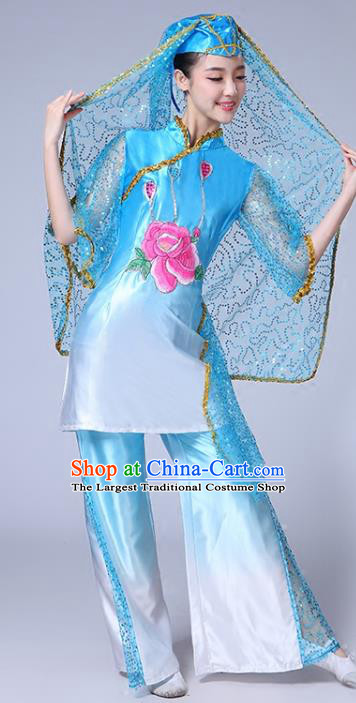 Chinese Ningxia Ethnic Folk Dance Blue Outfits Traditional Hui Nationality Bride Dance Clothing