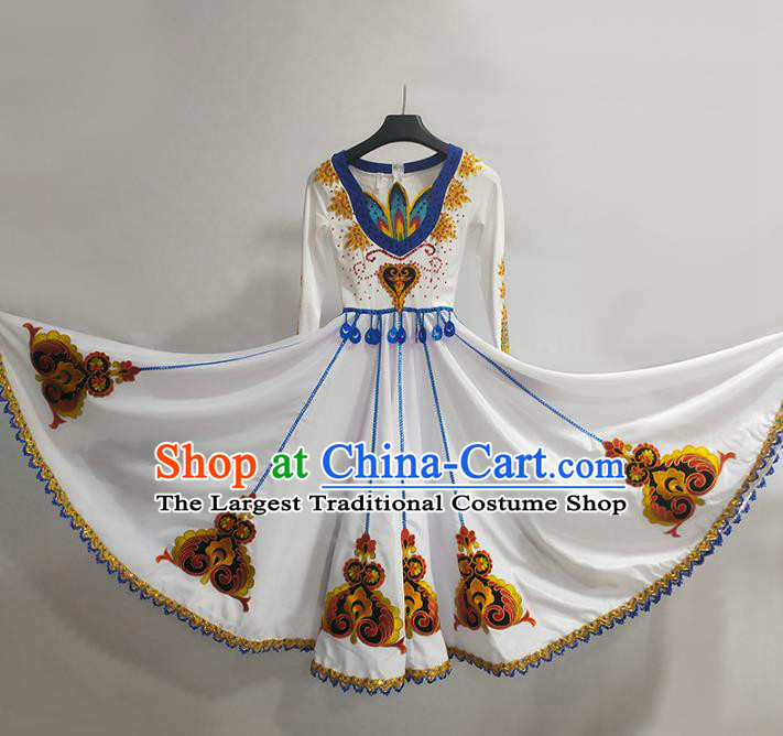 Chinese Xinjiang Ethnic Folk Dance Clothing Traditional Uyghur Nationality Stage Performance White Dress