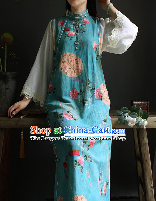 China Classical Printing Flowers Blue Cheongsam National Women Clothing White Lace Sleeve Qipao Dress