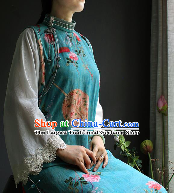 China Classical Printing Flowers Blue Cheongsam National Women Clothing White Lace Sleeve Qipao Dress