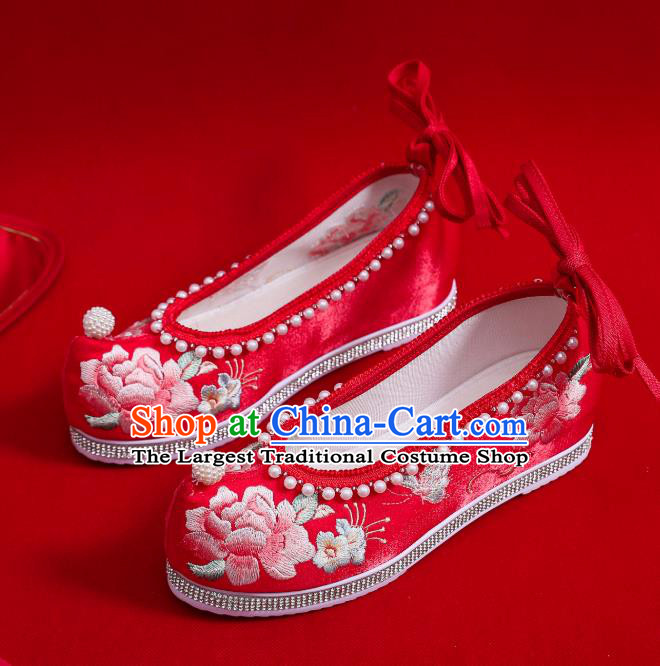 China Traditional Hanfu Pearls Shoes Handmade Wedding Red Satin Shoes National Embroidered Peony Shoes