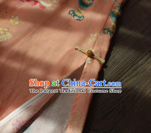 China National Women Clothing Stand Collar Qipao Dress Classical Printing Pink Flac Cheongsam