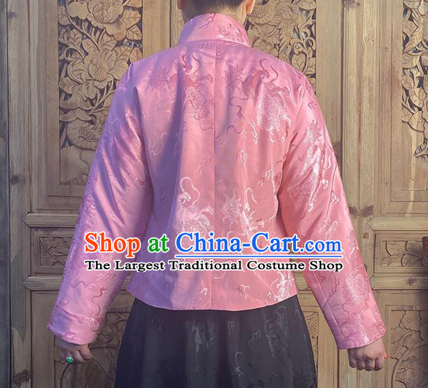China Tang Suit Upper Outer Garment Classical Lion Pattern Pink Silk Blouse National Cheongsam Shirt