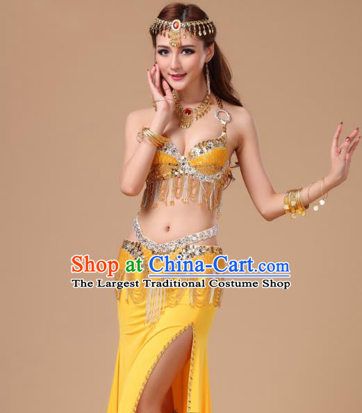 Traditional Oriental Dance Bra and Skirt Belly Dance Clothing Asian Indian Stage Performance Yellow Uniforms