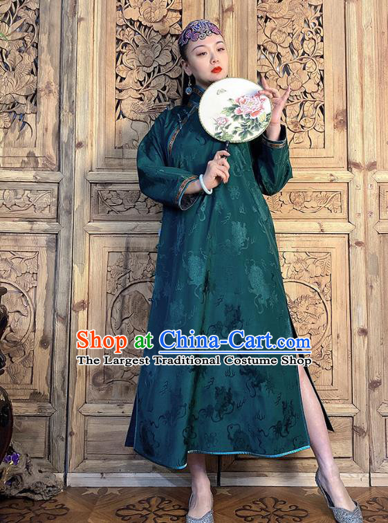 China Traditional Atrovirens Silk Qipao Dress Women Clothing Classical Cheongsam