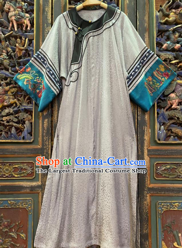 China National Women Costume Loose Cheongsam Hand Embroidered Grey Silk Qipao Dress