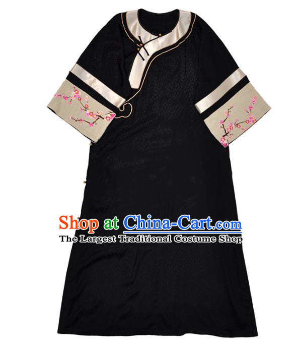 China Black Silk Qipao Dress National Women Costume Hand Embroidered Loose Cheongsam