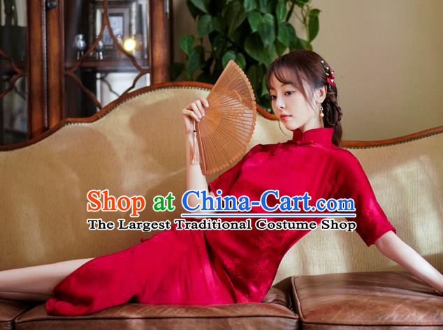 China National Women Costume Bride Cheongsam Classical Wedding Red Silk Qipao Dress