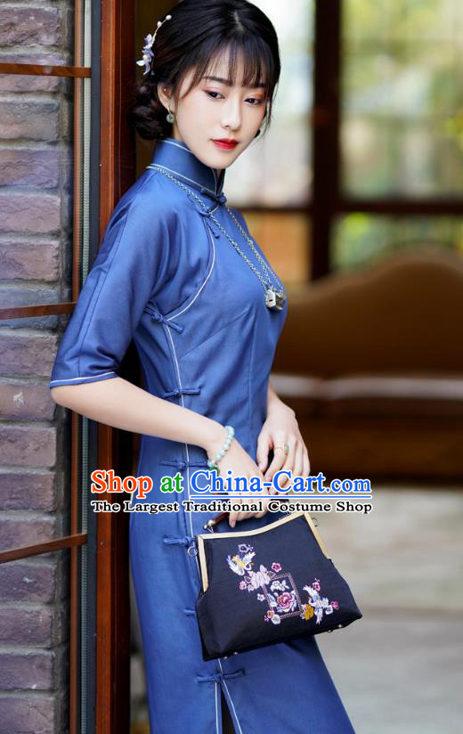 China Traditional Stand Collar Cheongsam Classical Dance Blue Qipao Dress