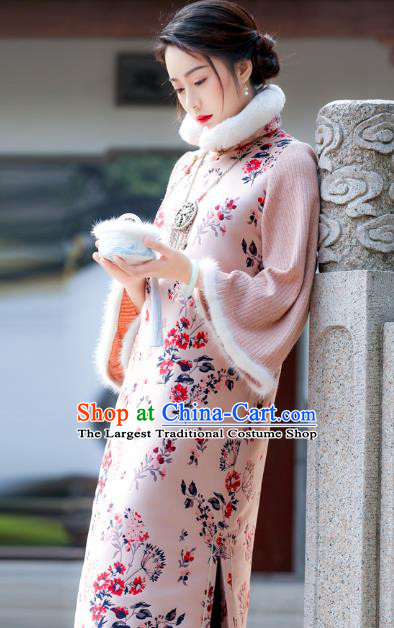 China Classical Printing Qipao Dress National Winter Clothing Traditional Pink Cheongsam