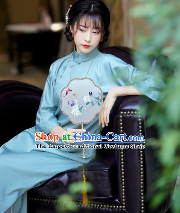 China Traditional Young Lady Cheongsam Classical Light Blue Qipao Dress National Retro Clothing
