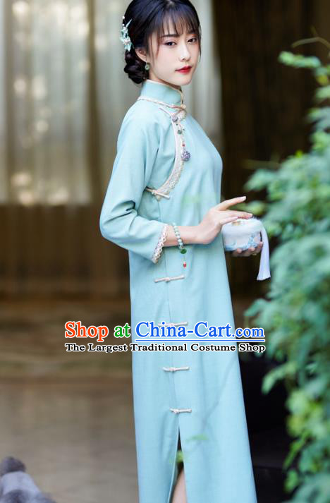 China Classical Slant Opening Qipao Dress National Retro Clothing Traditional Light Blue Cheongsam