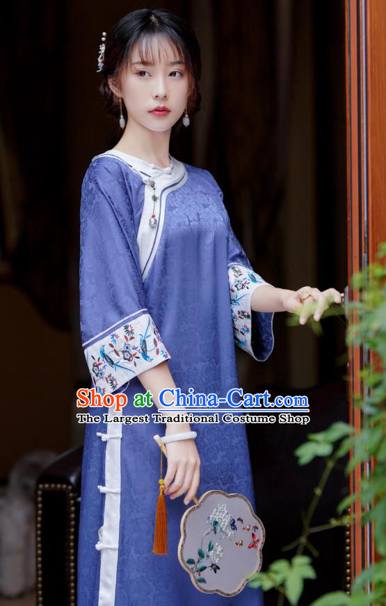China National Young Women Clothing Traditional Deep Blue Silk Cheongsam Classical Slant Opening Qipao Dress