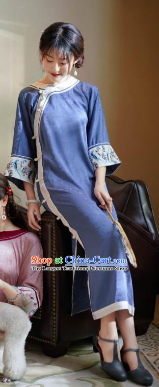China National Young Women Clothing Traditional Deep Blue Silk Cheongsam Classical Slant Opening Qipao Dress