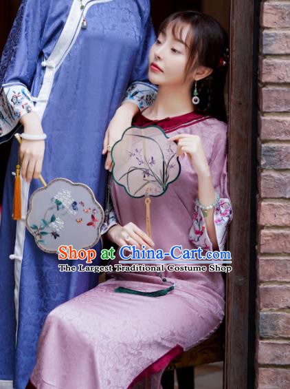 China Traditional Pink Silk Cheongsam Classical Slant Opening Qipao Dress National Young Women Clothing