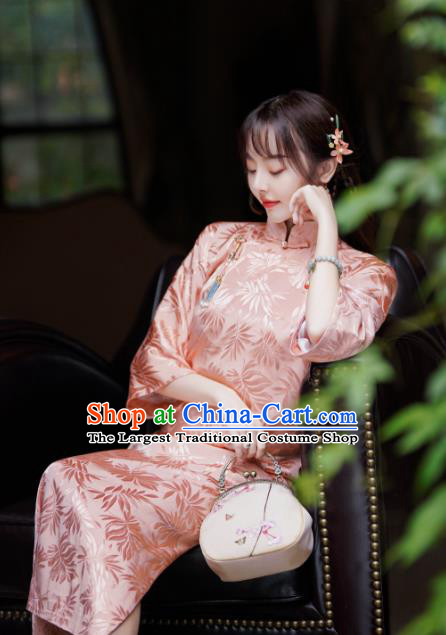 China Traditional Pink Silk Cheongsam Classical Stand Collar Qipao Dress National Young Lady Clothing