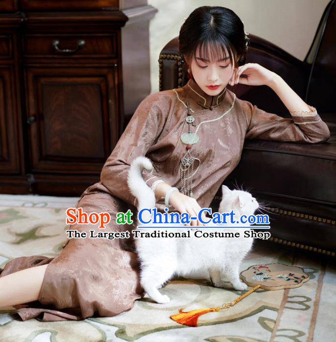Republic of China Traditional Stand Collar Qipao Dress Classical Clothing Brown Silk Cheongsam