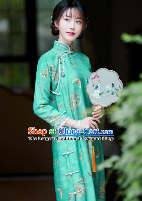 Republic of China Traditional Printing Green Qipao Dress Classical Clothing Rich Lady Cheongsam