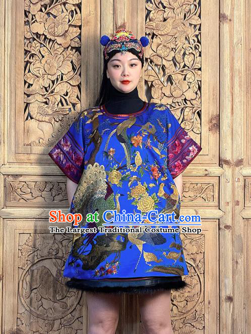 China Traditional Embroidered Flowers Bird Royalblue Silk Dress National Ethnic Clothing