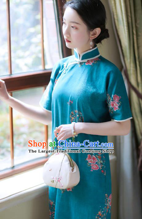 China Classical Stand Collar Cheongsam Clothing Traditional Printing Flowers Blue Flax Qipao Dress