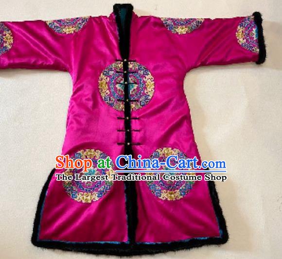 Chinese Winter Outer Garment Cotton Wadded Coat National Costume Embroidered Rosy Silk Dust Coat