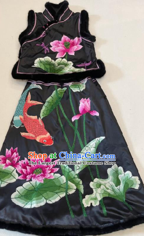 Chinese Hand Embroidery Lotus Black Silk Vest and Skirt Traditional Embroidered Uniforms