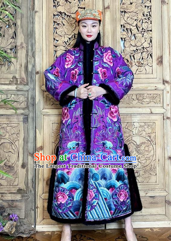 Chinese Women Winter Embroidered Peony Outer Garment Purple Silk Dust Coat Traditional National Clothing