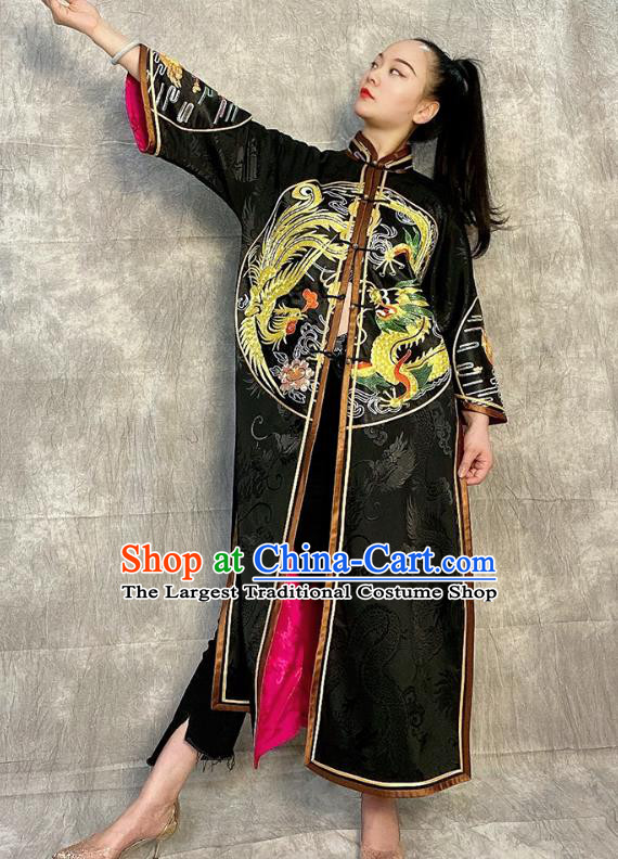 Chinese National Black Silk Dust Coat Traditional Tang Suit Overcoat Embroidered Costume