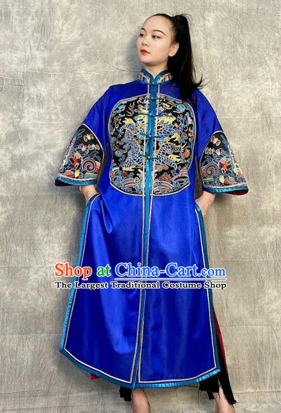Chinese Tang Suit Overcoat Embroidered Royalblue Silk Dust Coat Traditional National Costume