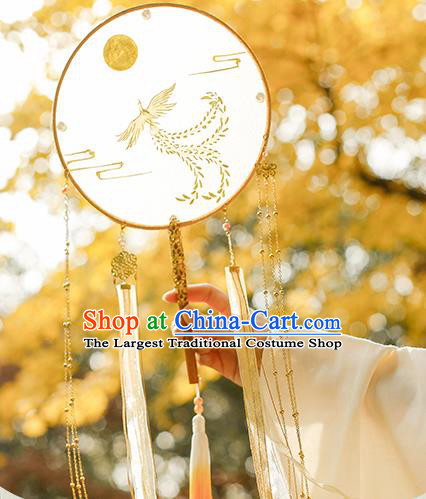 China Handmade Yellow Ribbon Tassel Palace Fan Traditional Ming Dynasty Princess Fan Classical Circular Silk Fan