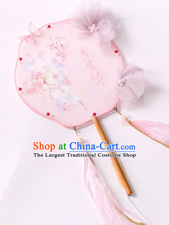 China Classical Pink Ribbon Tassel Fan Handmade Palace Fan Traditional Jin Dynasty Princess Silk Fan