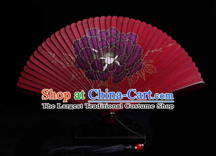Chinese Traditional Red Bamboo Accordion Classical Folding Fan Handmade Painting Peony Fan