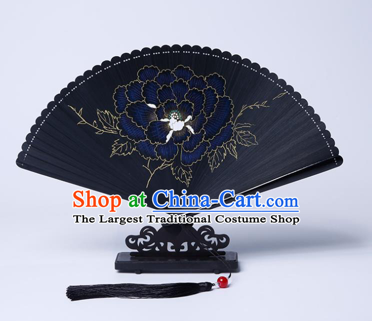 Chinese Classical Folding Fan Handmade Painting Peony Fan Traditional Black Bamboo Accordion