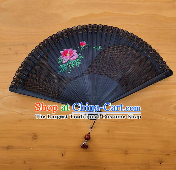 Chinese Traditional Black Bamboo Accordion Classical Tai Chi Folding Fan Handmade Painting Peony Hollow Fan