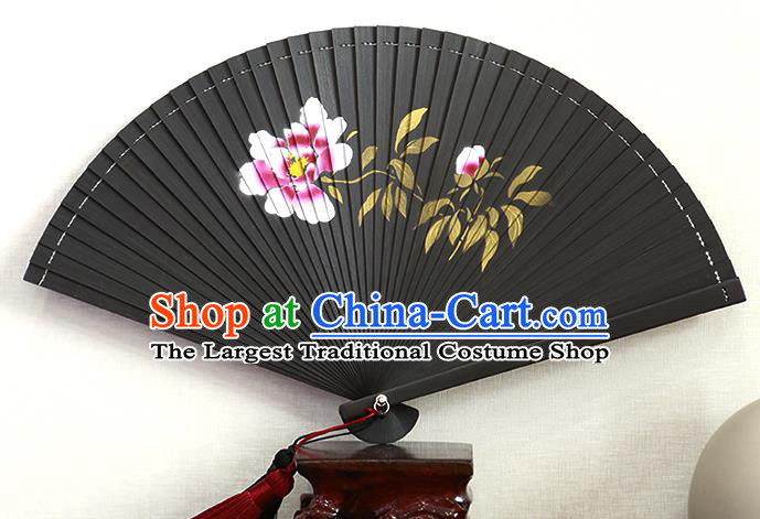 Chinese Traditional Printing Camellia Fan Kung Fu Folding Fan Handmade Hollow Black Bamboo Fan