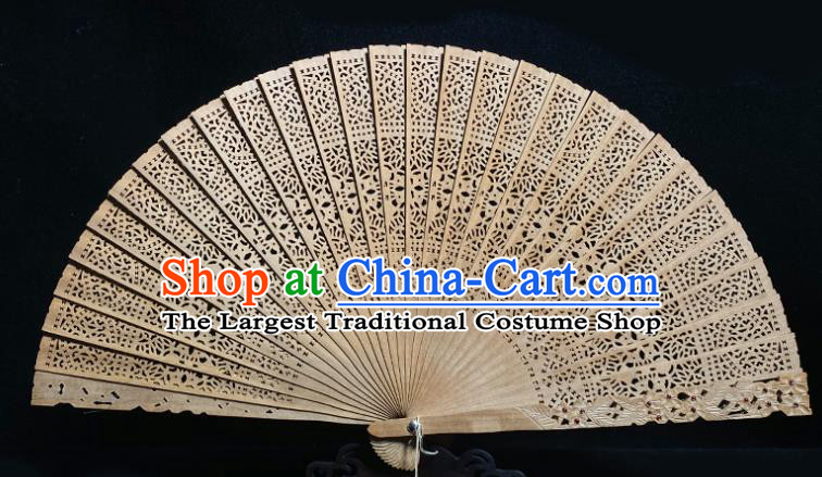 Chinese Handmade Hollow Sandalwood Accordion Folding Fan Classical Gems Fan