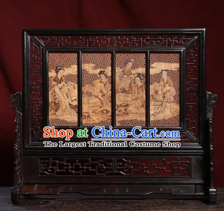 Handmade Chinese Carving Goddess Desk Screen Traditional Sandalwood Table Ornament