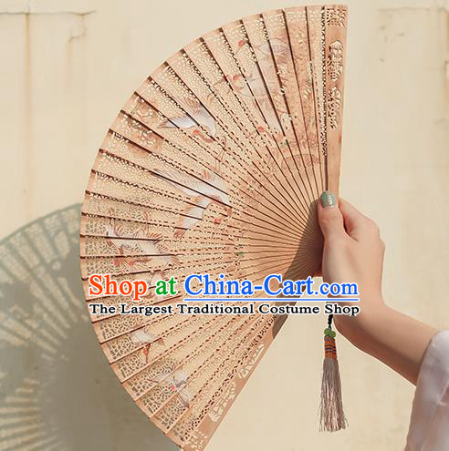 Chinese Handmade Sandalwood Folding Fan Hollow Accordion Classical Printing Cranes Fan