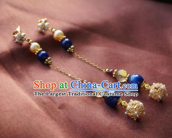 China Traditional Cheongsam Pearls Earrings Handmade Lapis Ear Accessories