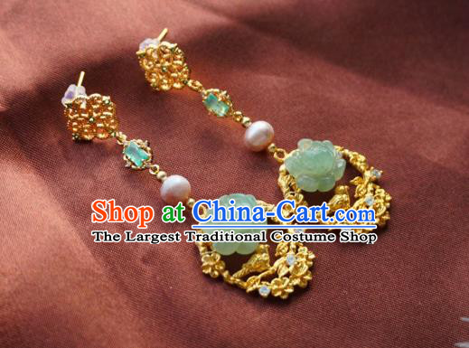 China Handmade Jadeite Peony Ear Accessories Traditional Cheongsam Golden Earrings
