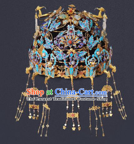 Chinese Traditional Ming Dynasty Cloisonne Phoenix Coronet Ancient Empress Tassel Hair Crown