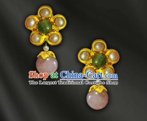 China Handmade Pearls Plum Ear Accessories Traditional Cheongsam Rose Quartz Tassel Earrings