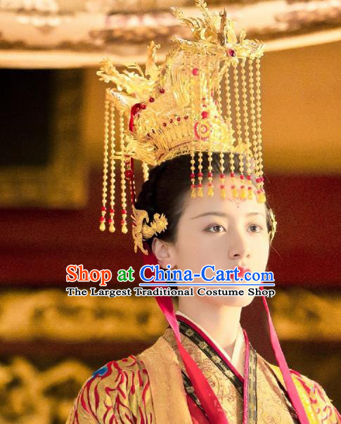 Chinese Drama Love and Redemption Headwear Ancient Queen Golden Dragon Tassel Hair Crown