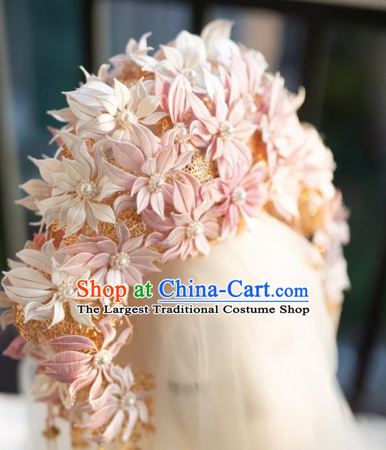 Chinese Ancient Court Lady Pink Flowers Hair Crown Traditional Song Dynasty Imperial Concubine Hair Accessories