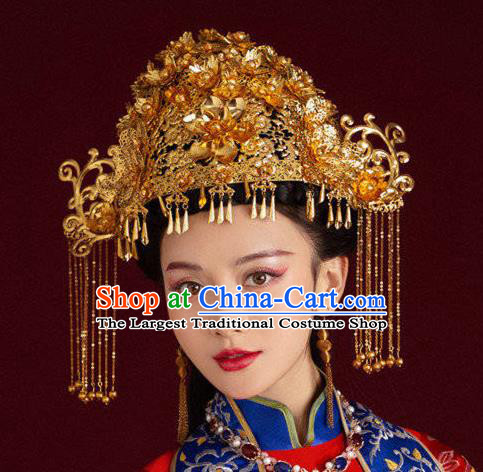 Chinese Traditional Wedding Headwear Ancient Ming Dynasty Bride Golden Phoenix Coronet